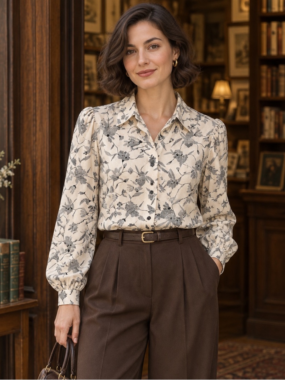 Vintage Judy Bond Petites Floral Blouse 10P Cream Black Button Front USA